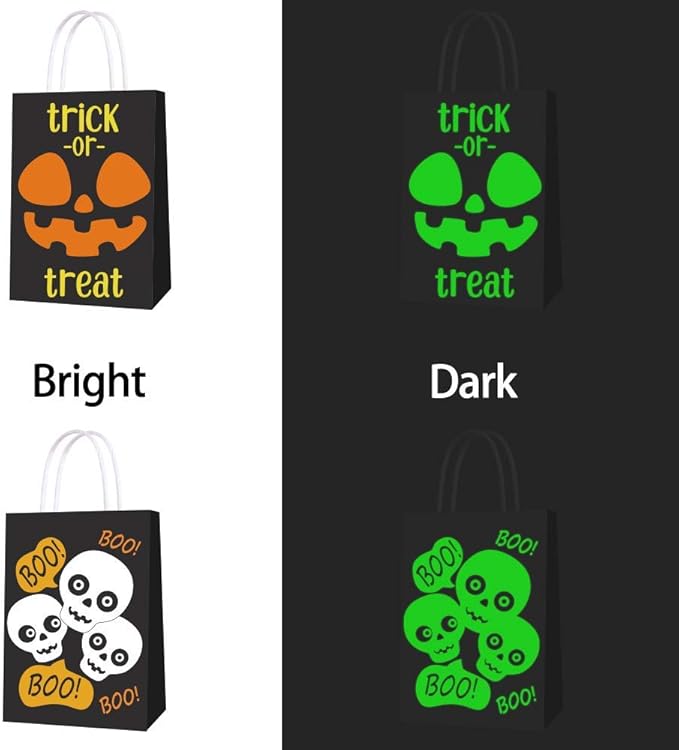 16 PCS Halloween Treat Bags for Kids Trick or Treat Candy Bags, Glow in The Dark Bags with Handles for Halloween Party Favors