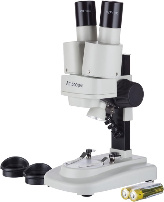 AmScope Kids SE100 Portable Binocular Stereo Microscope, WF10x Eyepieces, 20X Magnification, Tungsten Light Source, Reversible Black/White Stage Plate, Battery-Powered