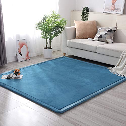 Loartee Coral Velvet Crawling Rug (6'8"x 6'8", Blue) for Toddler Children Play Area Rug Yoga Mat Exercise Pad Carpet