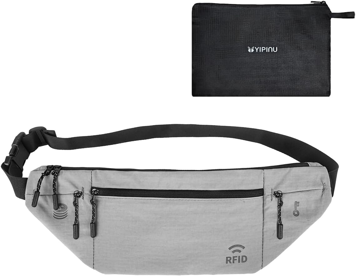 Travel Money Belt for Men and Women hidden slim passport holder - travel wallet with RFID blocking under clothes to protect Cash, Credit Cards and Documents (GRAY)
