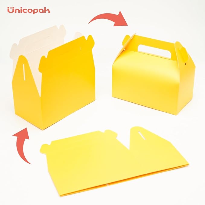 UnicoPak 30 Pack Yellow Gable Treat Boxes Party Favor Goodie Bag Boxes for Candy Treats Snacks Cookie Toys for Birthday Party Special Events, 6.5x3.5x3.5 Inches