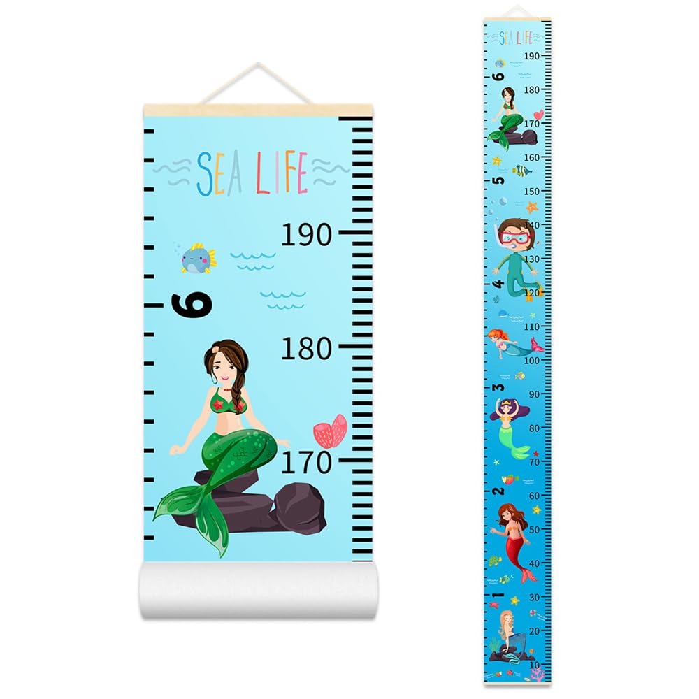 Baby Height Growth Chart - Canvas Height Chart for Kids Baby Child Toddler Boys Girls Growth Chart for Wall Room Nursery Decor Hangable and Removable Measuring Wall Ruler (Mermaid, Beige Wood)
