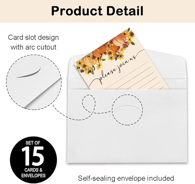 REWIDPARTY Thanksgiving Party Invitation Cards with Envelopes（Set of 15） Food Feast Invites for Family Friends Fall Invitations with Pumpkin and Florals Birthday Bridal Party Fill-in Invitation cards