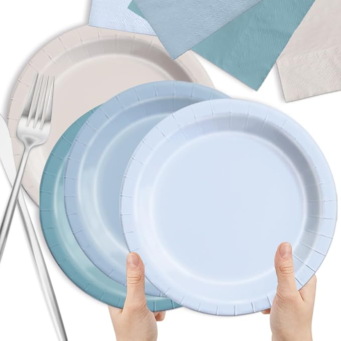CMUSKO Blue Birthday Decorations - 60pcs Dusty Blue Gradient Plates & Napkins Kit for Dusty Theme Baby Shower,Wedding, Bridal Shower