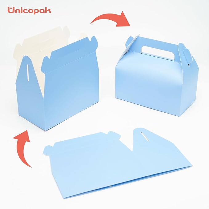 UnicoPak 30 Pack Baby Blue Gable Treat Boxes Party Favor Goodie Bag Boxes for Candy Treats Snacks Cookie Toys for Birthday Party Special Events, 6.5x3.5x3.5 Inches