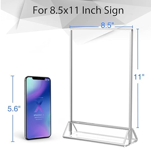 NIUBEE 6Pack 8.5x11 Clear Acrylic Sign Holder with Sliver Borders and Vertical Stand, Double Sided Table Menu Holders Picture Frames for Wedding Table Numbers, Photos