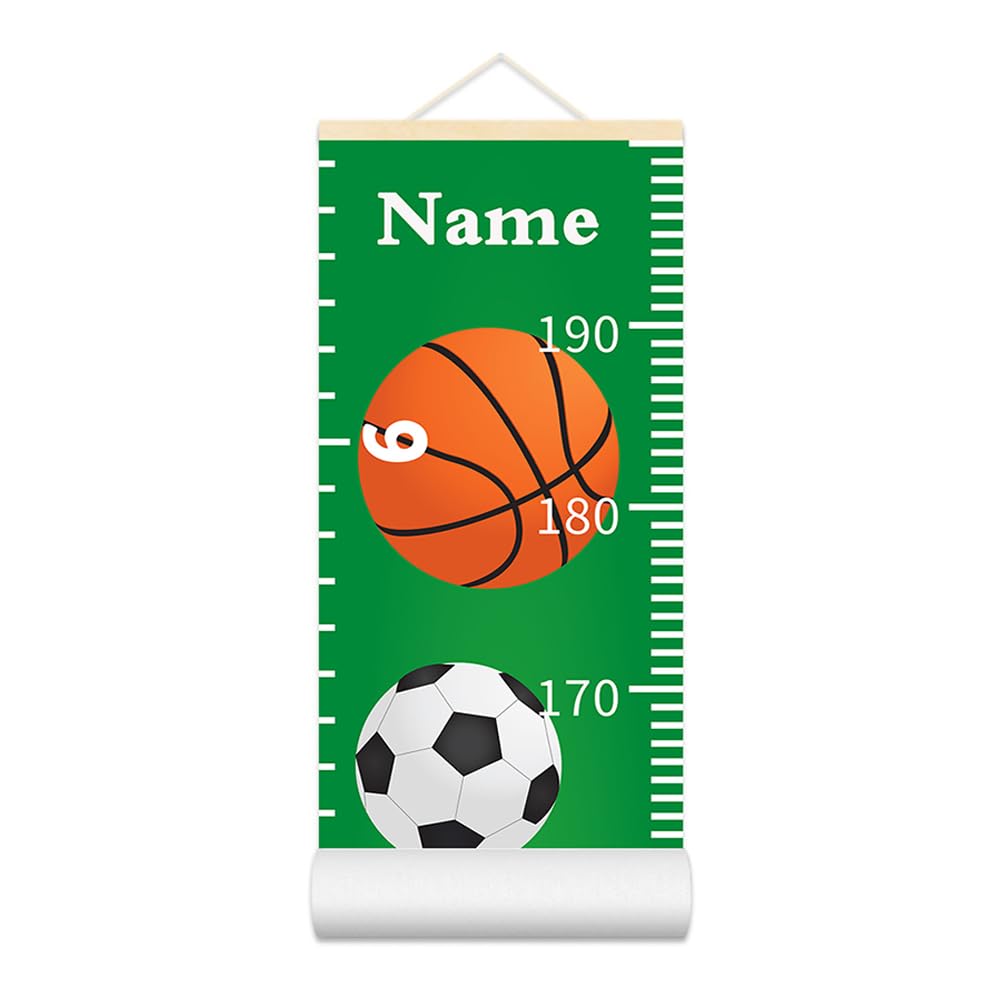 Personalized Growth Chart for Kids, Baby Height Chart with Custom Name, 77"x7.9" Canvas and Beige Wood Height Measuring Rulers for Boys Girls Removable Wall Ruler Hanging for Nursery Decor - Sports