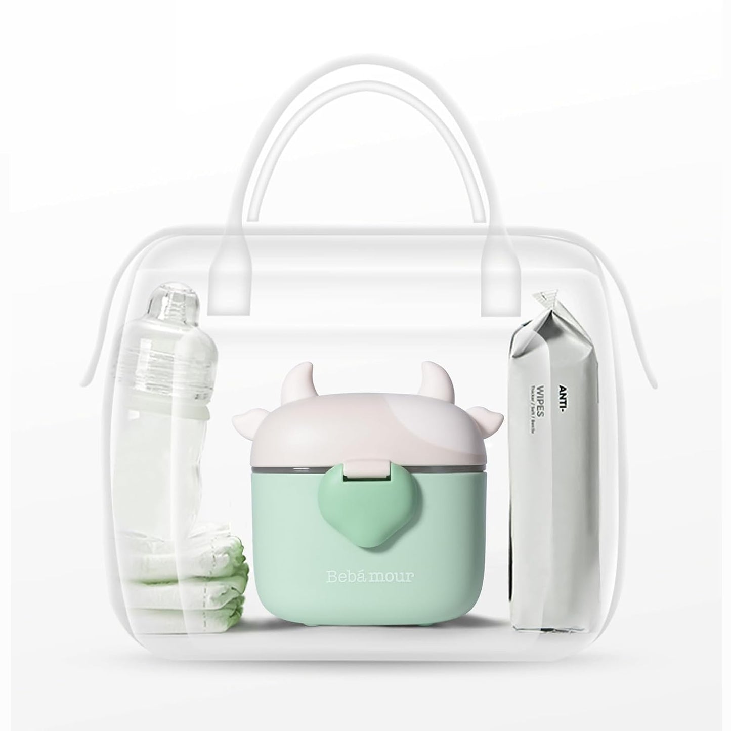 Bebamour Baby Formula Dispenser On The Go, Formula Container to Go, Formula Holder for Travel, Candy Fruit Snack Storage Container with Scoop and Leveller (Light Green Cow)