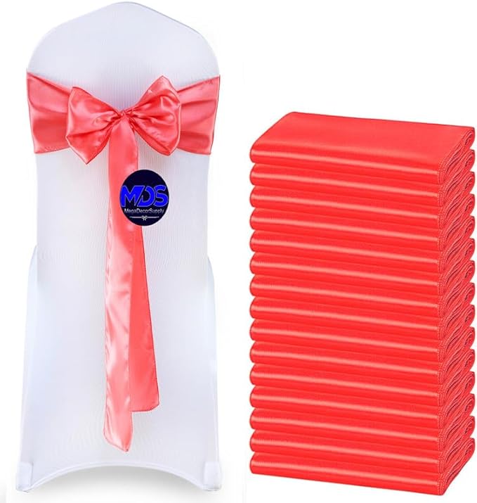 MDS Pack of 10 PCS Satin Chair Sashes Charmeuse Sateen Dining Chair Bows Ribbon Ties Back Sash for Wedding Party Birthday Home Hotel Restaurant Banquet Decoration (7 x 108 Inch, Coral)