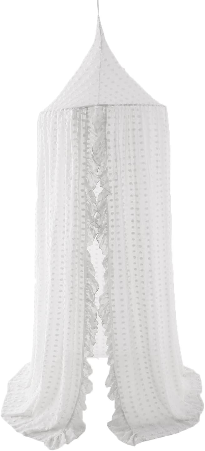 Wonder Space Elegant Kids Bed Canopy - Lace Chiffon Netting with Pom Pom, Princess Girls Fairy Dream Tent, Nursery Room Baby Crib Hanging Curtain Mosquito Net Children Reading Nook Decoration (White)