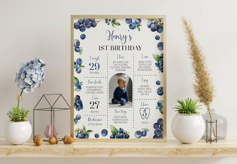 Generic Blueberry First Birthday Milestone Sign, Berry Sweet Birthday Milestone Poster, Boy Blueberries Photo Milestone Board, Design 01