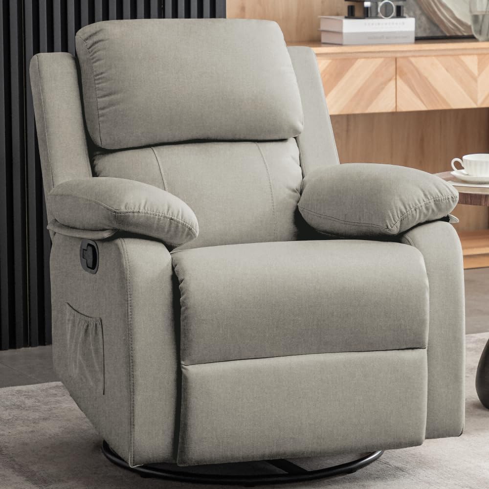 Recliner Chair, 360 Swivel Rocker Chair for Adults, Small Rocking Recliner Chair for Small Spaces, Upholstered Fabric Glider Recliner Nursery Chair with Side Pockets for Living Room, Nursery