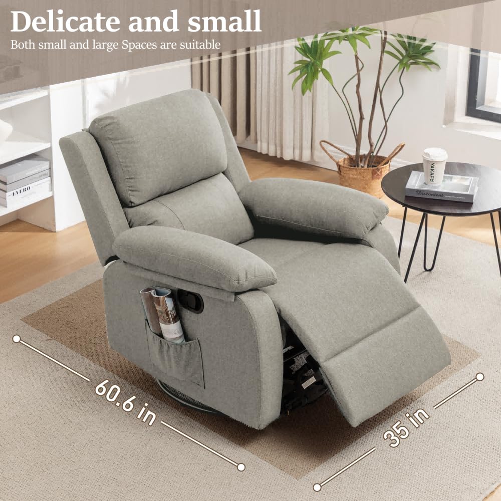 Recliner Chair, 360 Swivel Rocker Chair for Adults, Small Rocking Recliner Chair for Small Spaces, Upholstered Fabric Glider Recliner Nursery Chair with Side Pockets for Living Room, Nursery