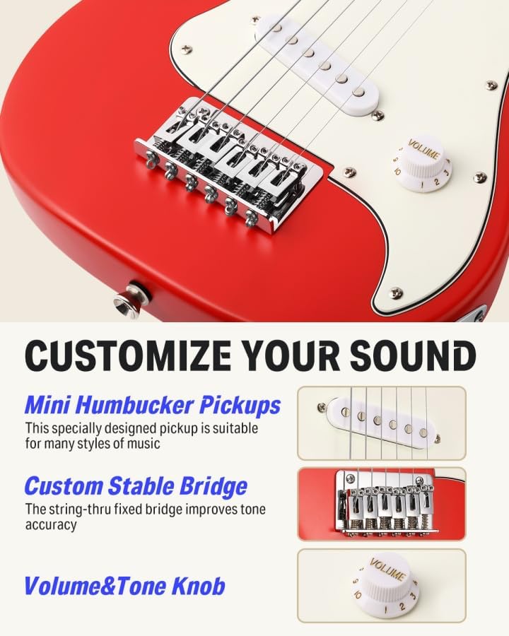 Donner 30 Inch Kids Electric Guitar Beginner Kits ST Style Mini Electric Guitar for Boys Girls with Amp, 600D Bag, Tuner, Picks, Cable, Strap, Extra Strings, DSJ-100, Red
