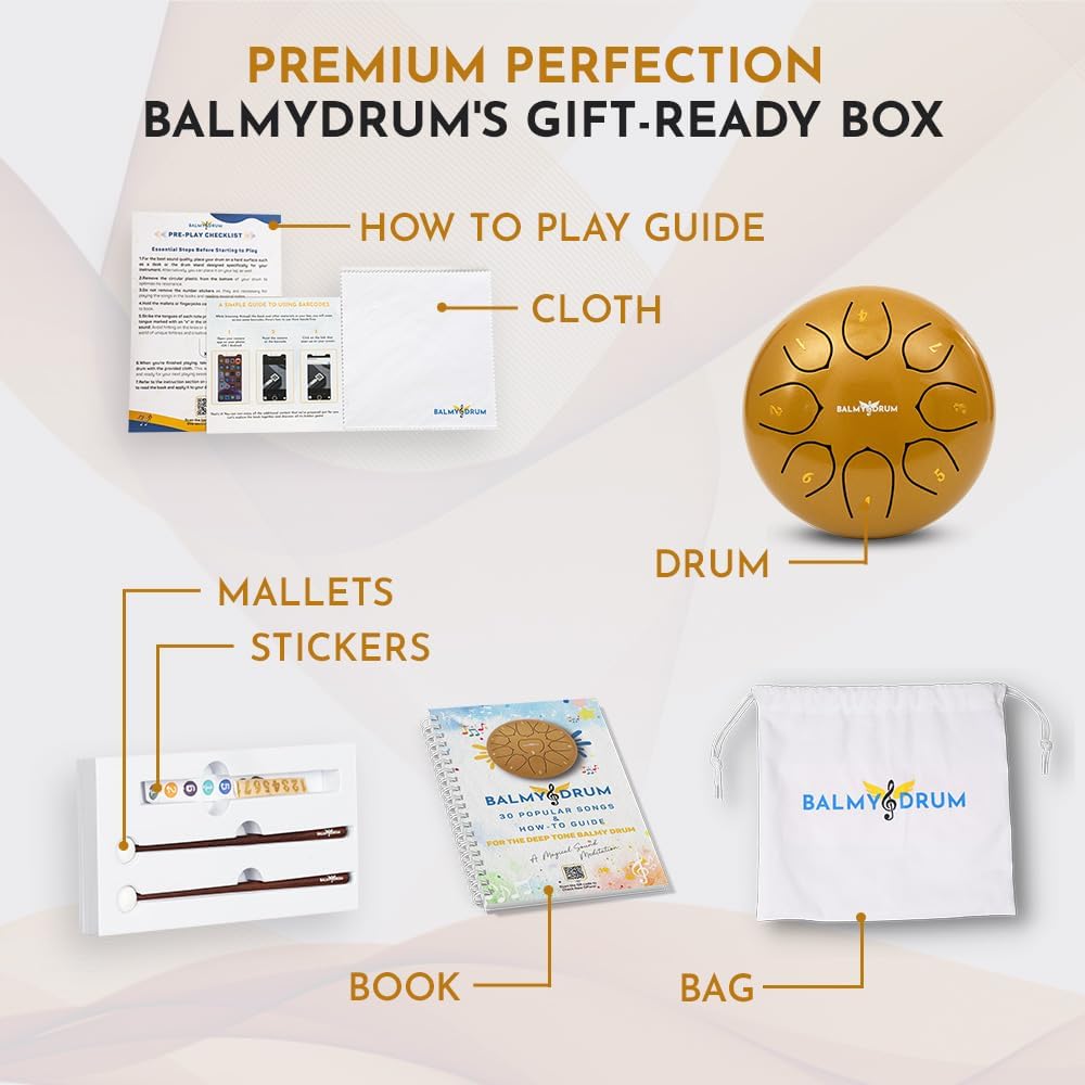 The Balmy Drum - 8 Note 6 Inch Steel Tongue Drum, Steel Drum Instrument, Drums For Children and Adults, Balmy Drum Set for Kids with Music Book, Handpan, Mallet and Carry Bag (Gold)