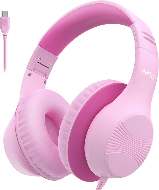 EarFun K3 Kids Headphones, Over Ear Headphones for Kids, Volume Limit, HD Stereo Sound, USB-C Cable, Comfortable Fit, Foldable Wired Headphones for School/Travel/Boys/Girls/Tablet/iPad, Pink