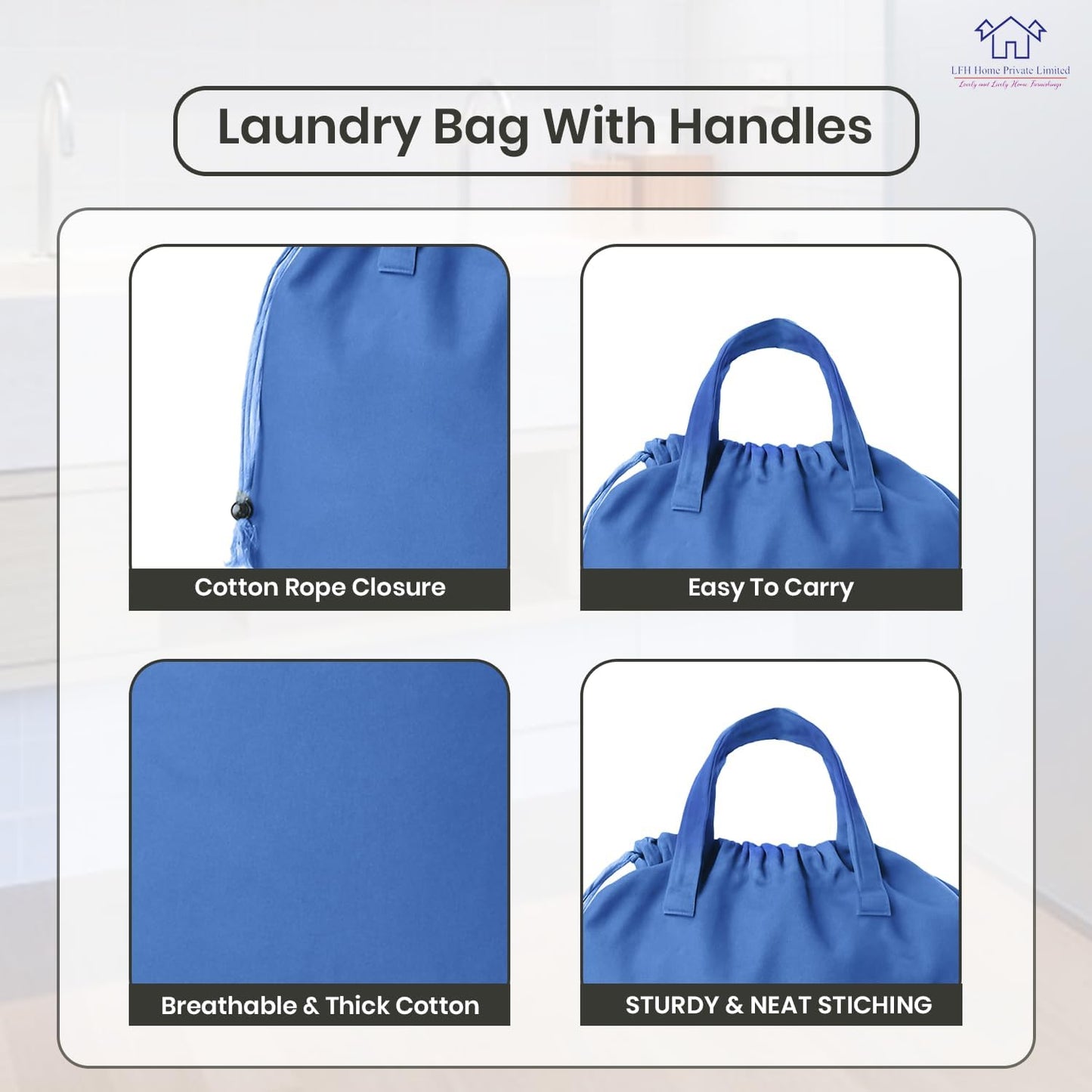 LFH Home Cotton Canvas Large Laundry Bag with Handle, Heavy Duty Drawstring Closure Washable Laundry Bags, School Travel, Home, Hotel, College Dorm, Organizer Sack, Toys Clothes 28x36-Sky Blue
