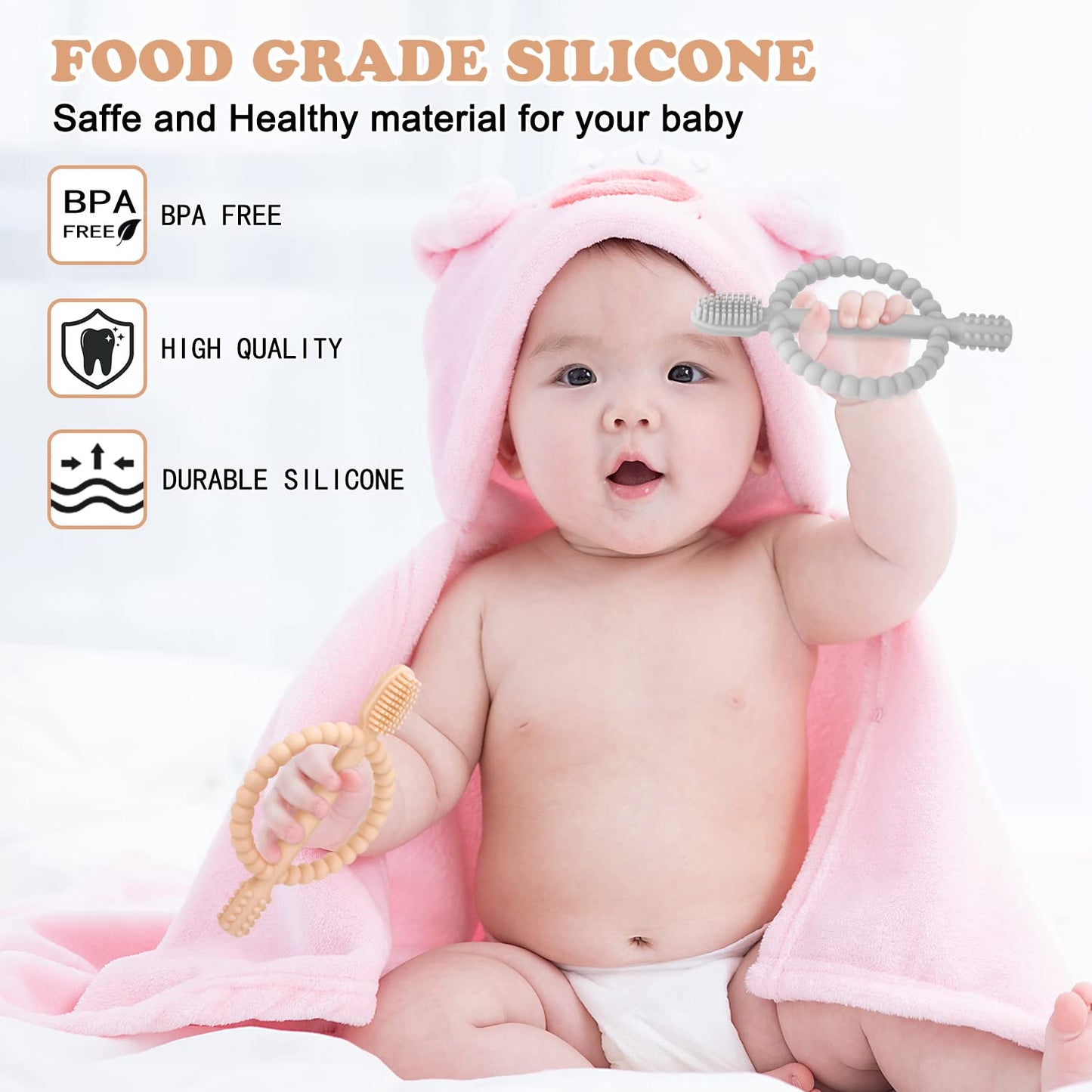 Baby Teething Toys with Easy-Hold Handle, Silicone Infant Toothbrush, Textured On Both Sides Helps Massage, Soothe Sore Gums, Teething Toys for Babies 0-6 Months, 6-12 Months Peach Powder & Gray