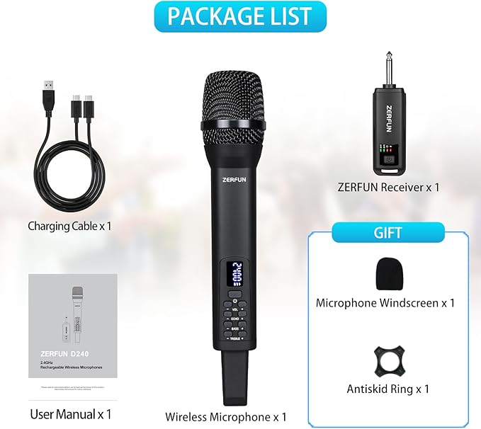 Rechargeable Wireless Microphone, Pro Handheld Cordless Mic System with Echo Treble BASS VOL Control for Karaoke Singing Church Party, 1/4'' Output, Black