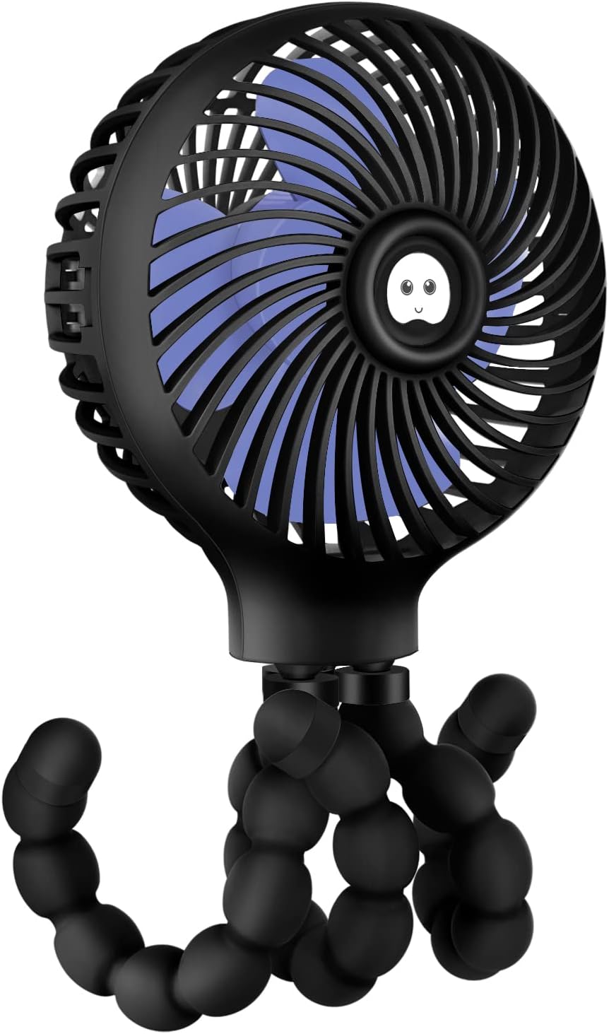 TRELC Mini Stroller Fan, 19H Ultra-long Battery Life, Personal Handheld Clip on Portable Rechargeable Fan with Flexible Tripod, Gift for Children Baby Office Room Car Travel BBQ Gym (Black)