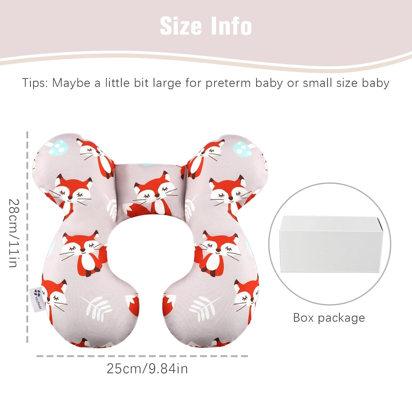 vocheer Baby Travel Pillow(Upgraded), Head and Neck Support Pillow for Pushchair, Car Seat,Stroller, Bouncer, Cotton, Orange Fox