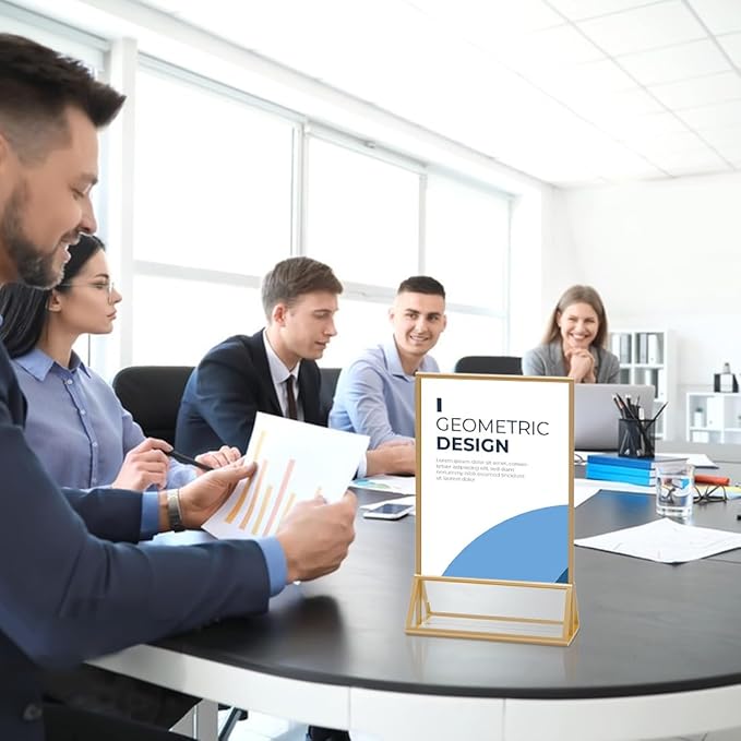 12 Pack Acrylic Sign Holder 5x7 Gold Frame Double Sided Display Stand, Clear Sign Holder Table Plastic Paper Holder, Acrylic Frames for Home Office Shop Photo Frames