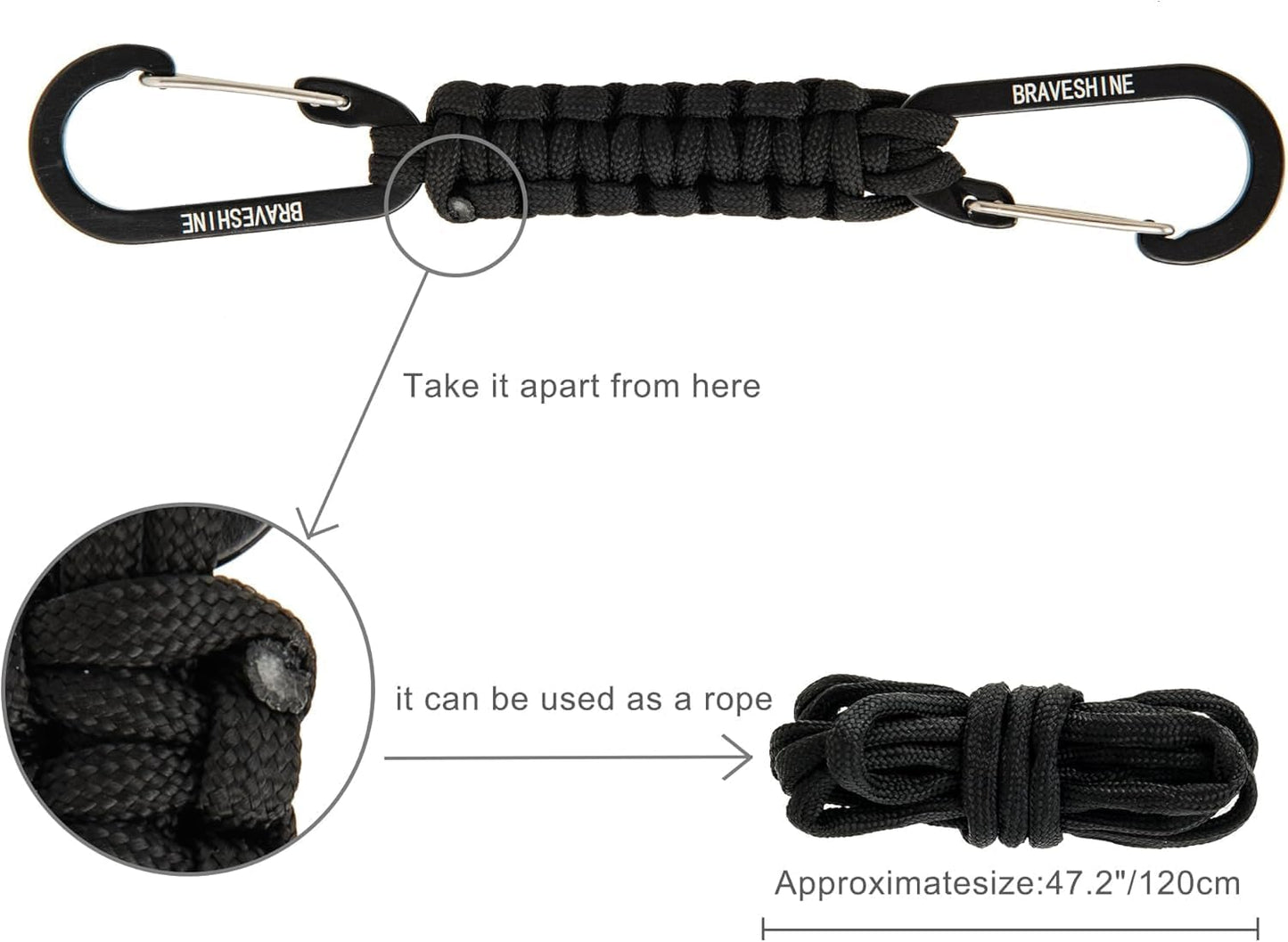 BRAVESHINE Paracord Keychain Carabiner Clip, D Ring Lanyard Hanger Stroller Hook for Water Bottle, Key, Backpacks, Men, Women