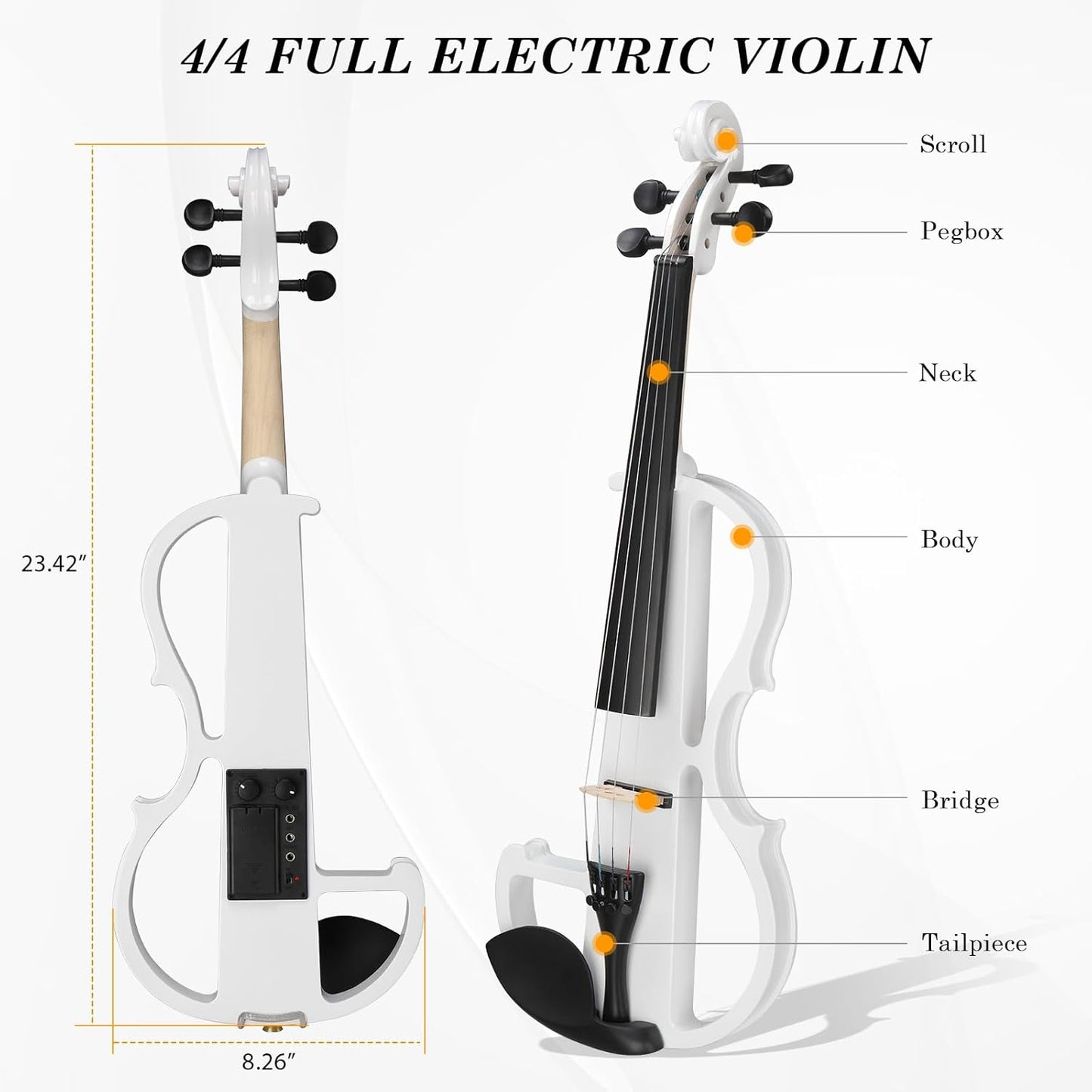 Ktaxon Full Size Electric Violin, 4/4 Acoustic Silent Electric Violin for Beginner Adults Teens with Ebony Fittings, Case, Bow, Headphone, Rosin and Extra String (White)