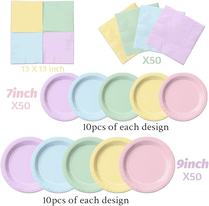 CMUSKO Pastel Party Decorations-150Pcs Rainbow Plates and Napkins Pastel Colorful Tableware Serves 50,for Girl Birthday,Baby Shower,Wedding