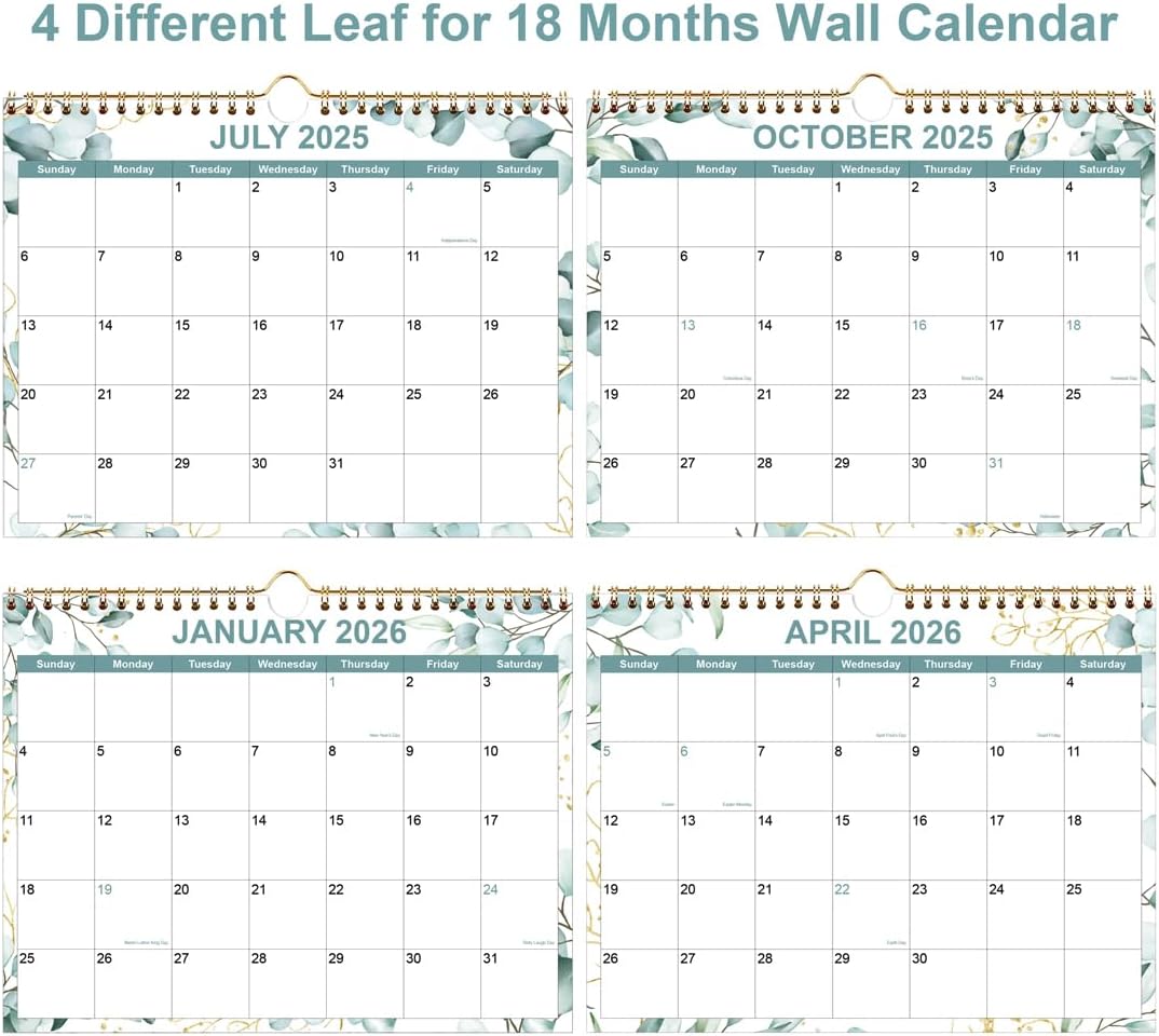 Calendar 2025-2026, Wall Calendar from September 2025 - December 2026, 18 Months Calendar with Premium Paper, Twin-Wire Binding & Hanging Hook, 8.5" x 11", Green Leaf