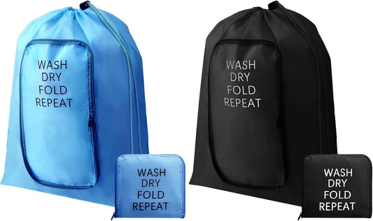 2 Pcs Travel Laundry Bag Washable Dirty Clothes Bag with Drawstring and Zipper for Suitcase, 22 x 18 Inch (Black, Blue,Classic)