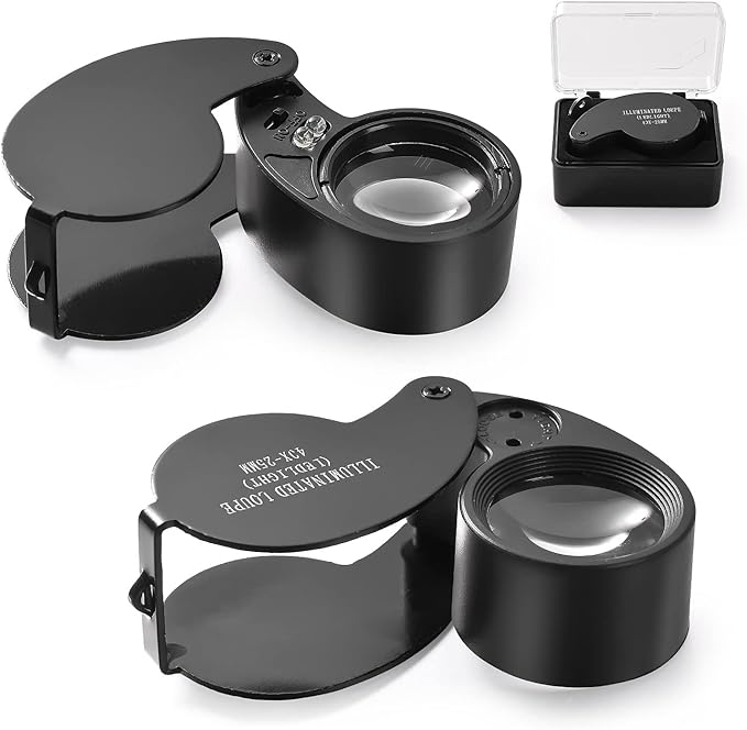 2 Pieces 40X Magnifying Glass, Jewelers Loupe Pocket Folding Magnifier with Light for Watch Coins Stamps Gems Jewelry Diamond Identifying