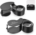 2 Pieces 40X Magnifying Glass, Jewelers Loupe Pocket Folding Magnifier with Light for Watch Coins Stamps Gems Jewelry Diamond Identifying