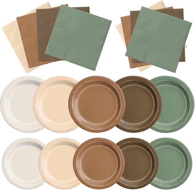CMUSKO Woodland Baby Shower Decorations - 150pcs Brown Sage Green Forest Animal Theme Plates & Napkins Kit Serves 50- Safari Party Supplies for Birthday, Baby Shower Neutral