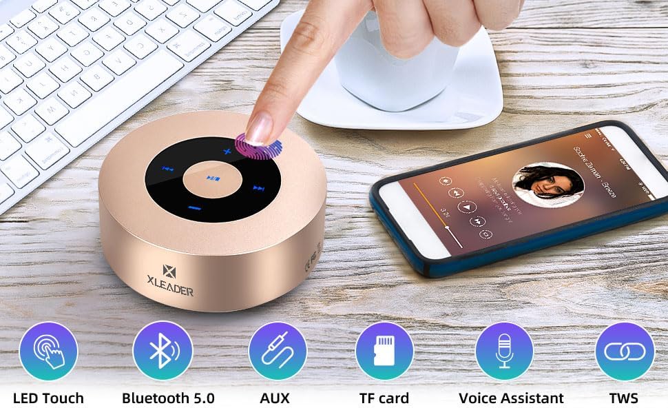 XLeader Small Bluetooth Speaker (Gift Box Packed) Portable Speakers Bluetooth Wireless with Micro SD,Mic, Aux input, Touch Design, Deep Bass, 12H Playtime, Little speaker for Phone Laptop PC Car, Gold