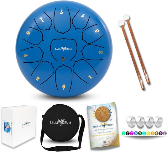The Balmy Drum - 11 Note 10 Inch Steel Tongue Drum, Steel Drum Instrument, Drums For Children and Adults, Balmy Drum Set for Kids with Music Book, Handpan, Mallet and Carry Bag (Blue)