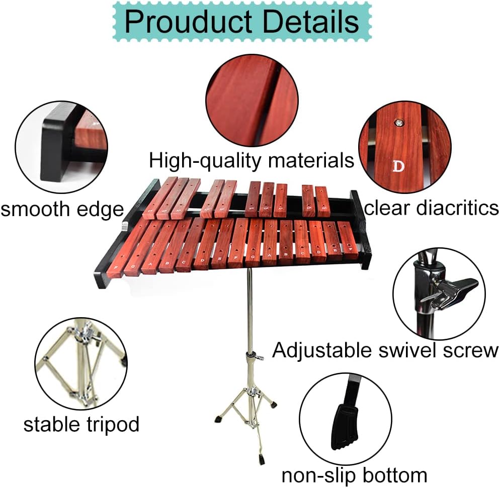 TNZMART 25 Note Xylophone Wooden Glockenspiel Xylophone with Mallet Professional Percussion Instrument (Xylophone with stand)