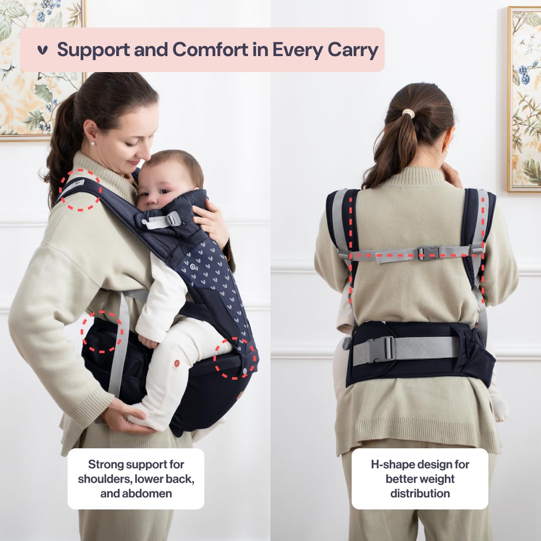 BabbleRoo Grow Carrier – Safety-Certified 6-in-1 Baby Carrier with Hip Seat, Ergonomic & Adjustable Toddler Carrier 7-50 lbs with Hip Support, Hood for Sun Protection, Newborn to Toddler, Navy Hearts