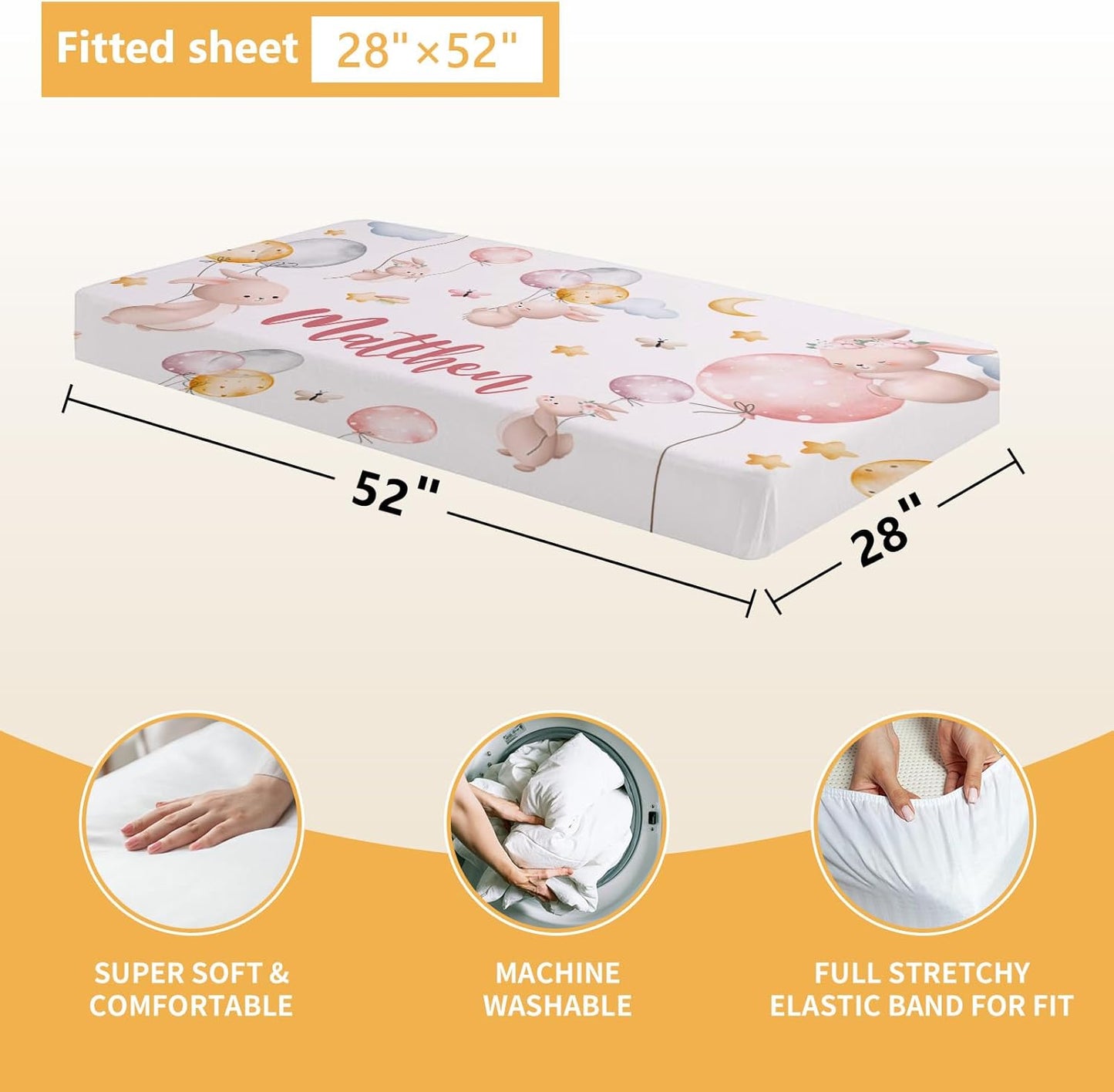 Personalized Baby Crib Bedding Set, 5 Pcs Custom Name Baby Crib Set with Double Layer Blanket, Soft Balloon Bunny Nursery Bedding Set for Girls Boys, Customized Gifts for Infants Toddlers