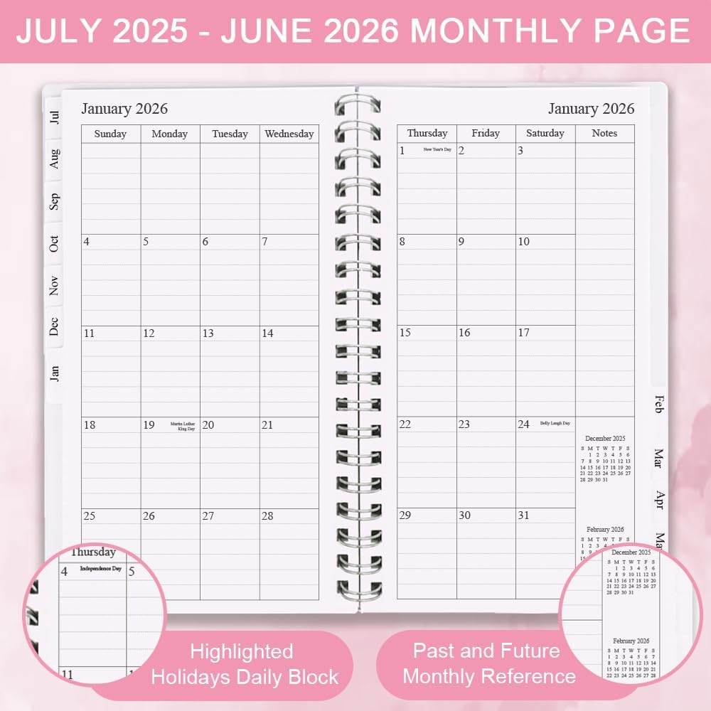 2025-2026 Pocket Planner, A6 Weekly Planner with Monthly Tabs, Run Jul 2025-Jun 2026, Elastic Closure, Twin-Wire Binding, Easy to Organize Your Daily Life, 3.75 x 6.75 In, Pocket Planners 2025 2026, Rose