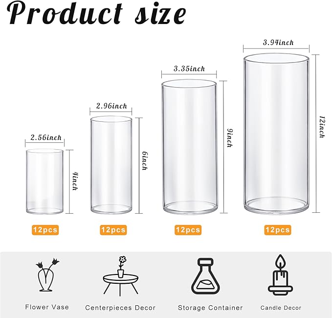 48 Pack Thick Glass Cylinder Vases 4,6,9,12 Inch Tall Clear Flower Vase Hurricane Floating Candle Holder for Table Centerpiece Wedding Home Decor