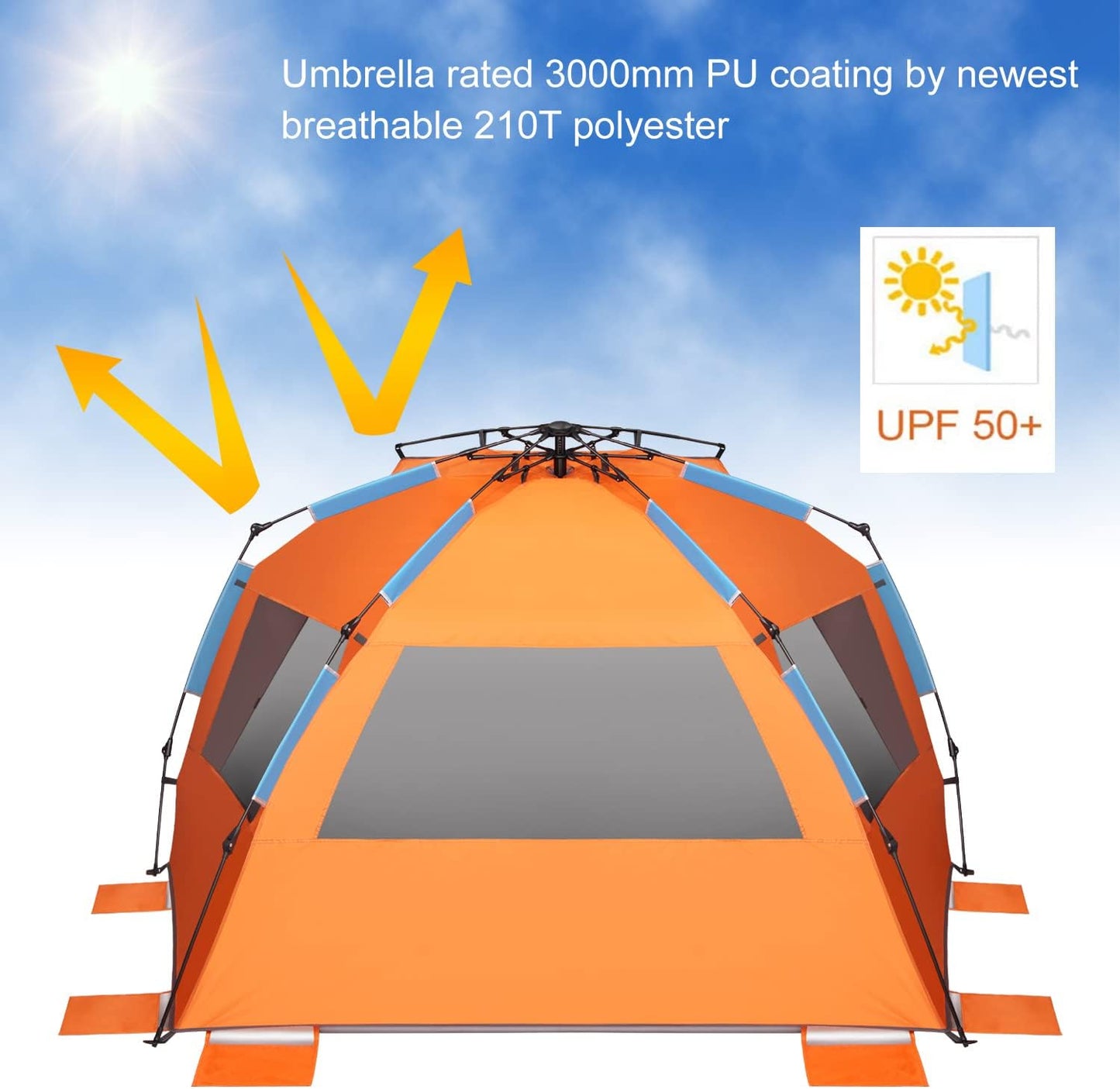 Oileus XX-Large Beach Tent Sun Shelter for 5-6 Person Portable Sun Shade Instant Pop Up Tent for Beach with Carrying Bag, Stakes, 6 Sand Pockets, Anti UV for Fishing Hiking Camping, Waterproof