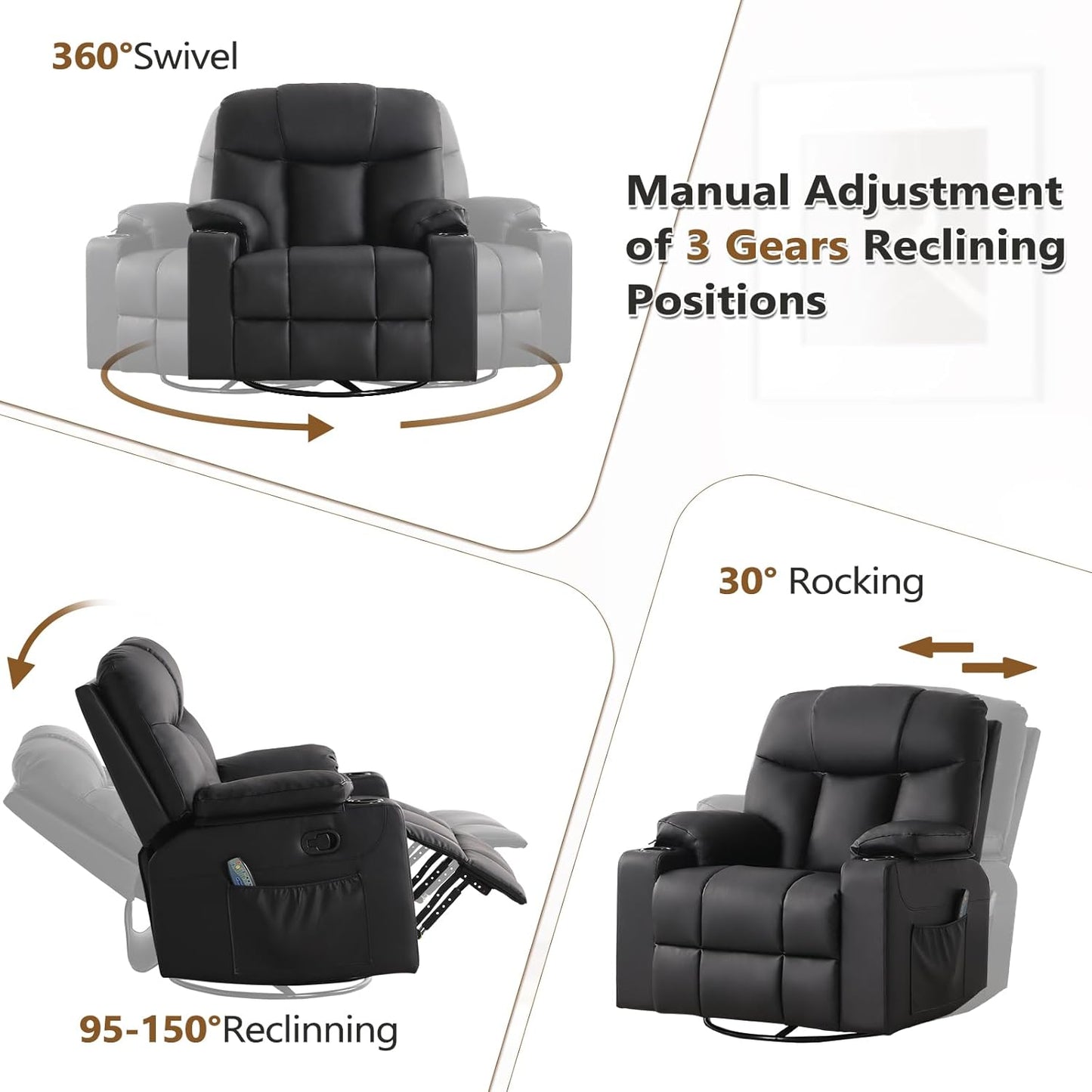 ANJ PU Leather Nursery Recliner Chair, 360° Swivel Rocker with Heat & Massage, 3-Position Manual Reclining for Living Room, Black