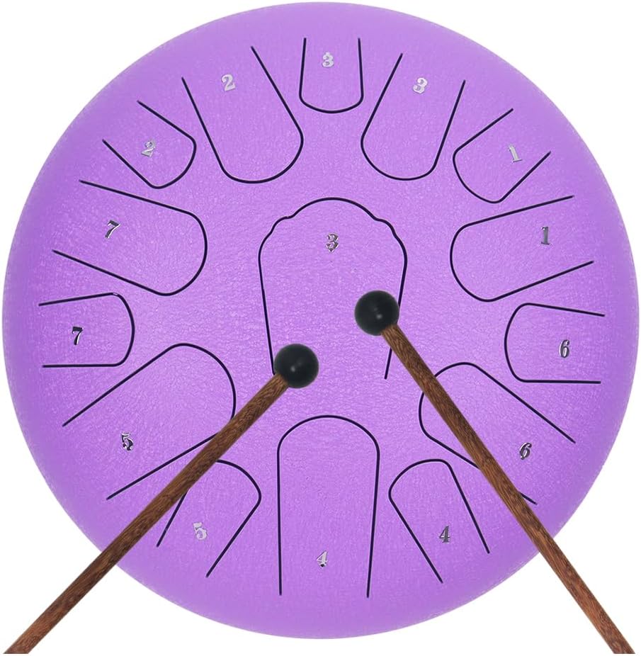 Rain Drum for Outside Garden,Steel Tongue Drum 12 Inches 15 Notes Musical Instruments, Handpan Drum Percussion Instrument, with Soft Bag, Music Book, 2 Mallets, for Meditation or Yoga (Purple)