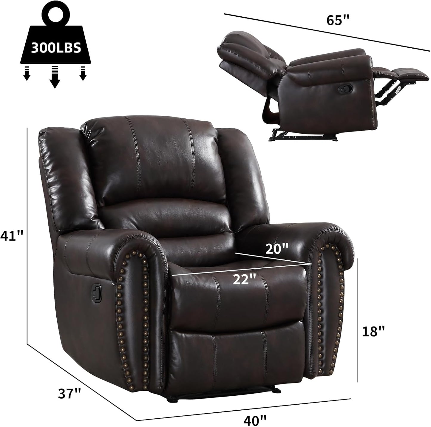CANMOV Leather Recliner Chair Set of 2, Classic and Traditional Manual Recliner Chair with Comfortable Arms and Back,Manual Single Recliner Sofa for Living Room, Dark Brown