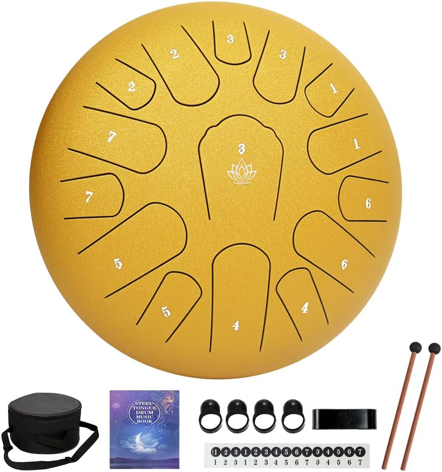Rain Drum for Outside Garden,Steel Tongue Drum 12 Inches 15 Notes Musical Instruments, Handpan Drum Percussion Instrument, with Soft Bag, Music Book, 2 Mallets, for Meditation or Yoga(Yellow)