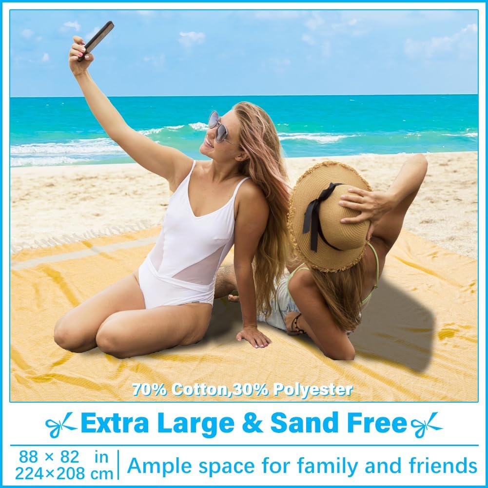 Oversized Turkish Beach Towel Blanket XXL Cotton Sandproof Towels Boho Woven Extra Large Big Sand Free Giant Throw Thick Blankets Huge Quilt XL Picnic Camping Necessities Cloud For Adult Gifts Yellow