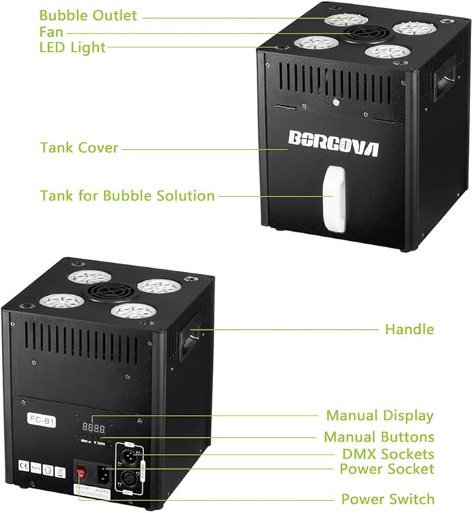 Stage Bubble Machine with Lights, DMX Control, Wireless Remote - Perfect for Weddings, Commercial Performances, Kids’ Parties, and Carnivals