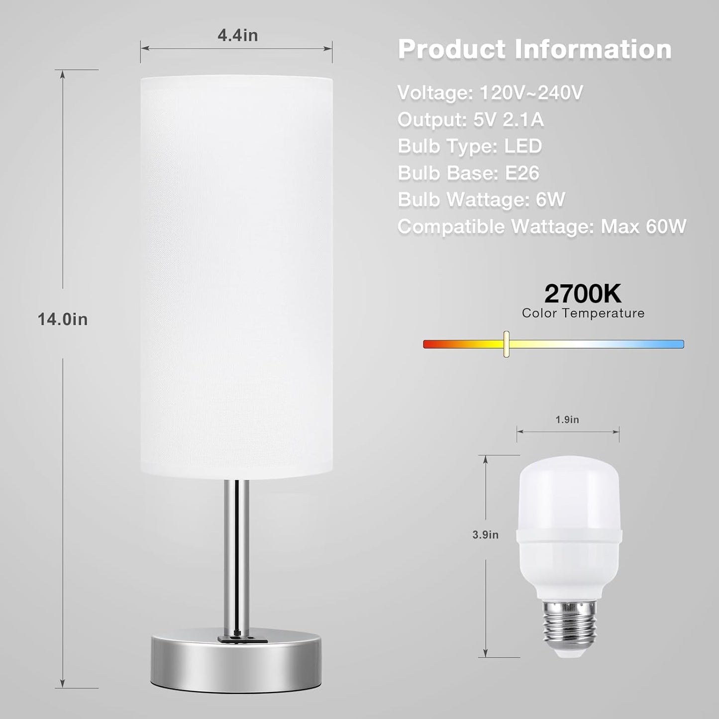 White Bedside Touch Table Lamps for Bedroom Nightstand with USB-C USB-A Charging Ports White, 3 Way Dimmable Control Small Lamp Silver Base for Office, Living Room, Reading