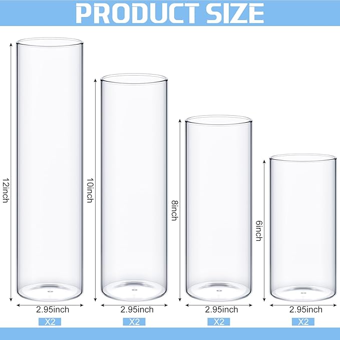 Sawysine 8 Pcs Glass Cylinder Vases 2.5''/2.95''/3.9'' Diameter Clear Flowers Vase Hurricane Floating Candles Holders for Table Centerpieces (2.95 x 6 in,2.95 x 8 in,2.95 x 10 in,2.95 x 12 in)